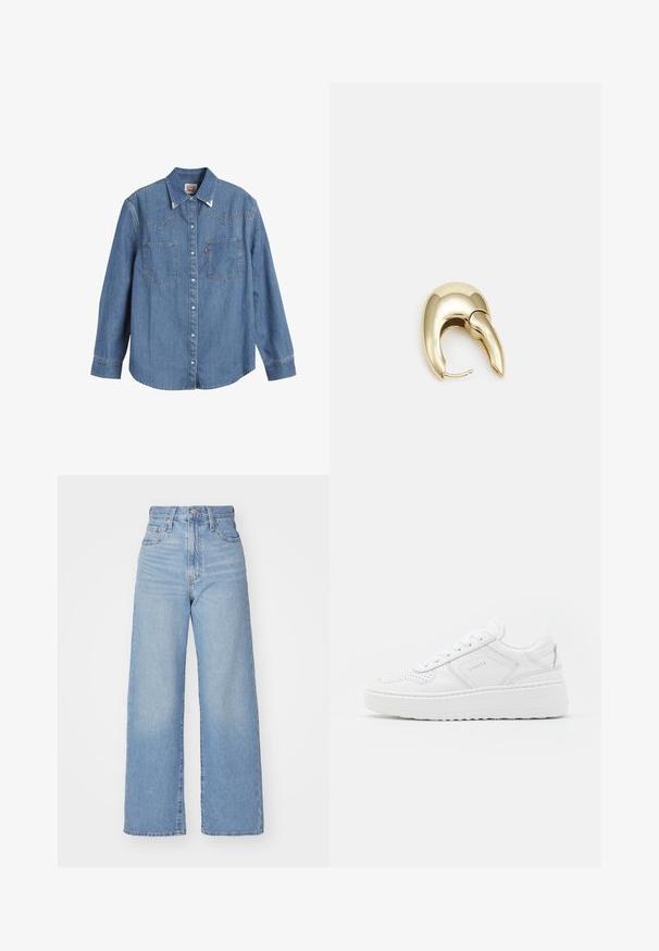 Hellblaues Denim-Hemd mit langen Ärmeln, spitzem Kragen, zwei Brusttaschen und kontrastierenden Nähten. Verfügt über ein Design mit Westernstil-Yoke.; Hellblaue High-Waist-Weite-Leg-Jeans mit Knopf- und Reißverschluss vorne, Vorder- und Rückentaschen, auf weißem Hintergrund.; Weiße Sneakers mit einem glatten Lederoberteil, perforierten Details und einer dicken Gummisohle. Verfügt über minimale Branding-Elemente und ein Schnürdesign.; Ohrringe aus goldfarbenem Metall mit einem schlanken, geschwungenen Design. Sie verfügen über eine markante, spitze Form, eine polierte Oberfläche und einen Scharnierverschluss.