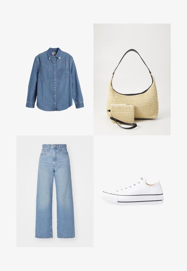 Lys blå denimskjorte med lange ærmer, spids krave, to brystlommer og kontraststing. Har et western-inspireret yoke-design.; Lyseblå højtaljede bukser med bred benåbning, med frontknap og lynlås, samt for- og baglommer, på en hvid baggrund.; Hvide lærredssneakers med lav-top design, gummitosser, sort stribe langs sålen og metaløjemaskiner til snørebånd. Enkel tekstur.; Vævet stråhåndtaske med en buet silhuet, der har en glat sort læderrem og en matching lille pung, der er fastgjort med en håndledsrem.