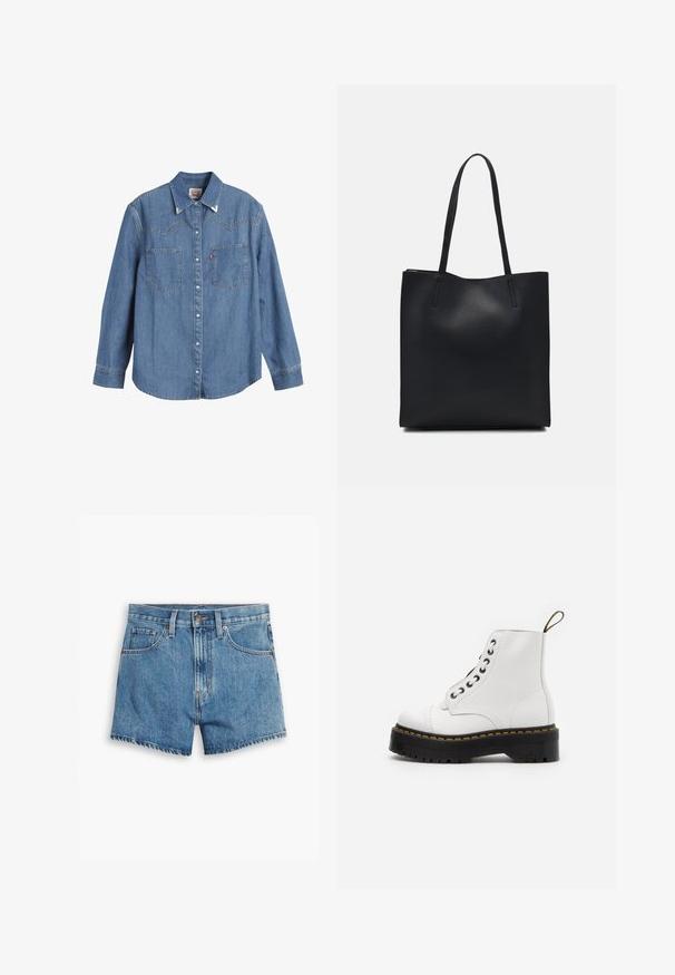 Cămașă din denim de culoare albastru deschis, cu mâneci lungi, guler ascuțit, două buzunare pe piept și cusături contrastante. Prezintă un design tip yoke în stil vest.; Șorturi din denim de culoare albastră deschisă, cu cinci buzunare, fermoar și închidere cu bătaie. Marginile sunt desfăcute, având un design confortabil.; Cizme din piele albă, la gleznă, cu vârful rotund, talpă chunky neagră, accente de cusătură galbenă și sistem de închidere cu șase orificii pentru șireturi. Tăietură pentru tragere la călcâi.; Geantă tote neagră din piele, cu textură netedă, formă rectangulară și două mânere lungi. Fără hardware vizibil sau ornamente.