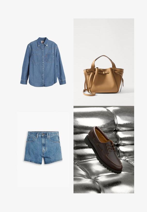Világoskék farmering hosszú ujjal, hegyes gallérral, két mellzsebbel és kontrasztos varrással. Nyugati stílusú yoke mintázattal rendelkezik.; Világoskék farmer rövidnadrág, öt zsebbel, cipzáros megoldással és gombos záródással. A szegélyt megkoptatták, és laza szabású dizájn jellemzi.; Barna bőr csónakcipő fekete gumi talppal, amely fényes fémes ezüst borítású felületen pihen.; Tory Burch ROMY PEBBLED SATCHEL - Kézitáska - tiramisu