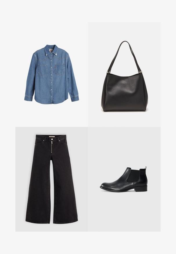 Chemise en jean bleu clair à manches longues, col pointu, deux poches poitrine et coutures contrastées. Possède un design de dos de style western.; Jean large en denim noir avec une fermeture éclair à l'avant, un design à cinq poches et des détails de couture subtils. Texture lisse et style décontracté.; Bottine Chelsea en cuir noir avec des panneaux élastiques sur les côtés, bout arrondi, une languette à l'arrière et un petit talon carré. Texture lisse.; Sac à main en cuir synthétique noir avec une texture douce, forme hobo et doubles poignées; présente une finition brillante et un design minimaliste.