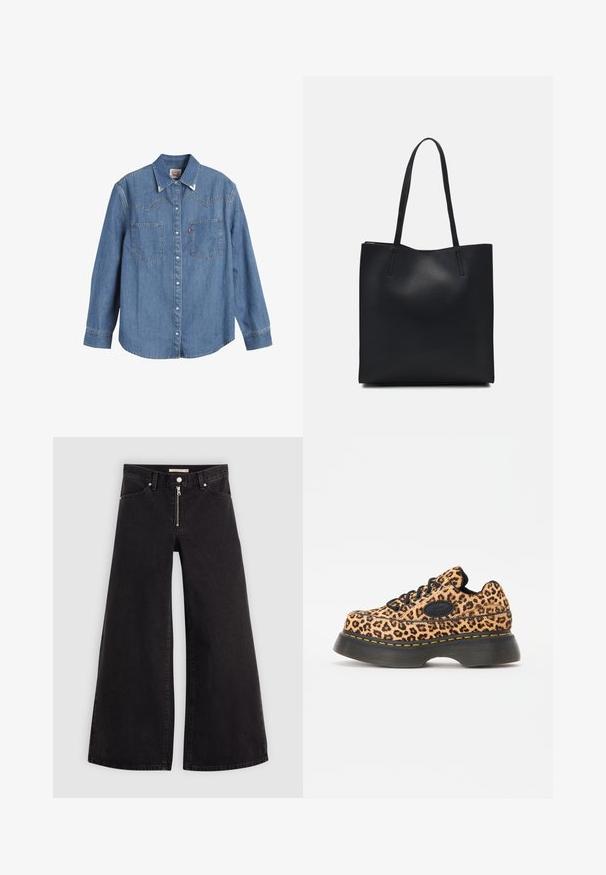 Camisa de mezclilla azul clara con mangas largas, cuello puntiagudo, dos bolsillos en el pecho y costuras en contraste. Presenta un diseño de canesú de estilo occidental.; Jeans de pierna ancha en denim negro con cierre frontal, diseño de cinco bolsillos y detalles de costura sutiles. Textura suave y estilo casual.; Zapatillas de plataforma con estampado de leopardo, cordones negros, material texturizado y detalle de costura amarilla sobre una gruesa suela de goma negra.; Bolso tote de cuero negro con textura lisa, forma rectangular y dos asas largas. Sin herrajes ni adornos visibles.