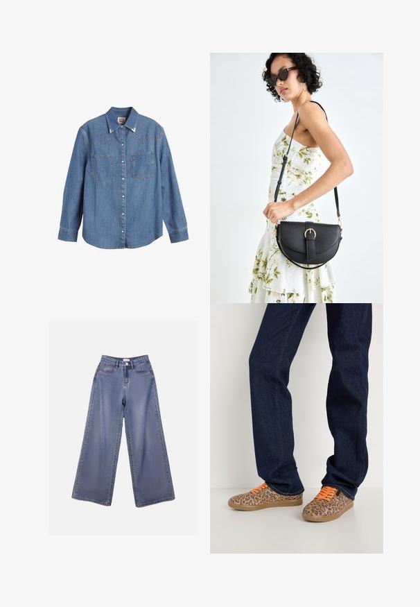 Camisa de ganga azul clara com mangas longas, colarinho pontudo, dois bolsos no peito e costura em contraste. Apresenta um design de yoke ao estilo western.; Calças de ganga de perna larga numa lavagem azul clara, com uma cintura alta, bolsos frontais e fecho de botão com passadores para cinto.; Tênis com padrão de onça, cordões laranja, parte superior em tecido texturizado e sola de borracha marron claro, combinados com jeans de denim azul escuro.; Bolsa de couro preta com forma curva, alça destacável e detalhes em dourado. A bolsa possui uma aba com detalhe de fivela.