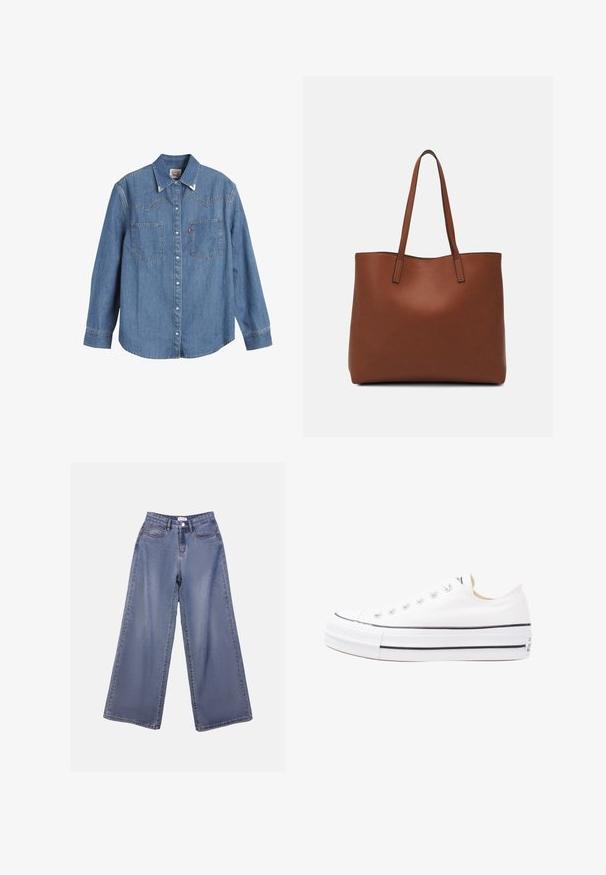 Světle modrá džínsová košile s dlouhými rukávy, špičatým límcem, dvěma kapsami na prsou a kontrastním prošíváním. Obsahuje design hřebenu ve westernovém stylu.; Džínové kalhoty s širokými nohavicemi v světle modrém odstínu, s vysokým pasem, předními kapsami a zapínáním na knoflík s poutky na pásek.; Bílé plátěné tenisky s gumovou podrážkou, nízkým střihem, černými akcenty podél podrážky a kulatou špičkou. Obsahují kovové očko.; Hnědá kožená taška přes rameno s hladkou texturou, otevřeným designem a dvěma ramenními popruhy. Obsahuje minimální švy a žádné viditelné kovové prvky.