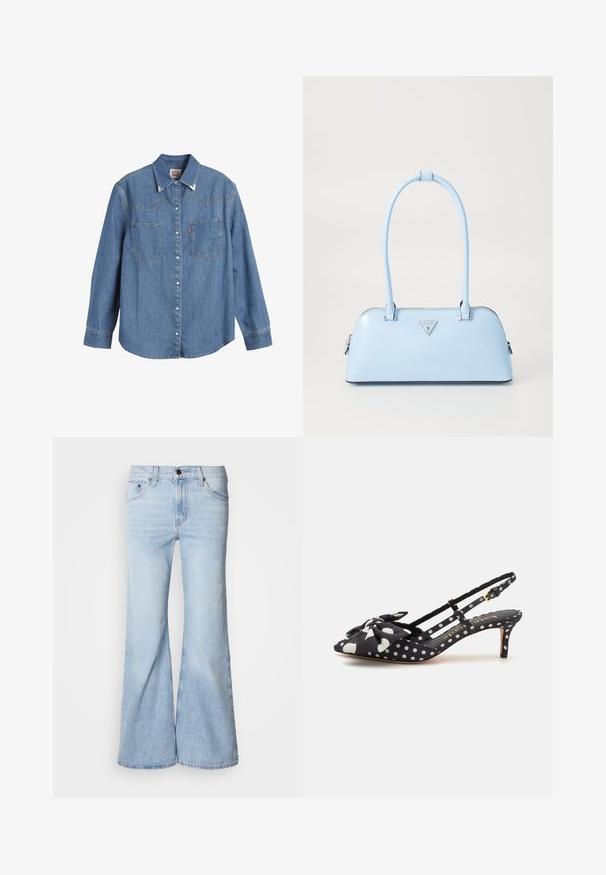 Lyseblå denimskjorte med lange ermer, spiss krage, to brystlommer og kontrasterende søm. Har et vestlig stil yoke-design.; Lys blå vide jeans med høy midje, laget av denimstoff, fem lommer og knappelukking. Beina er vide og har en lett falmet finish.; kate spade new york RUE SLINGBACK - Klassiske pumps - black/cream; Lyseblå veske med strukturert form, glatt skinnmateriale, to håndtak og en trekantet merkevarelogo på fronten. Glidelås-lukking.