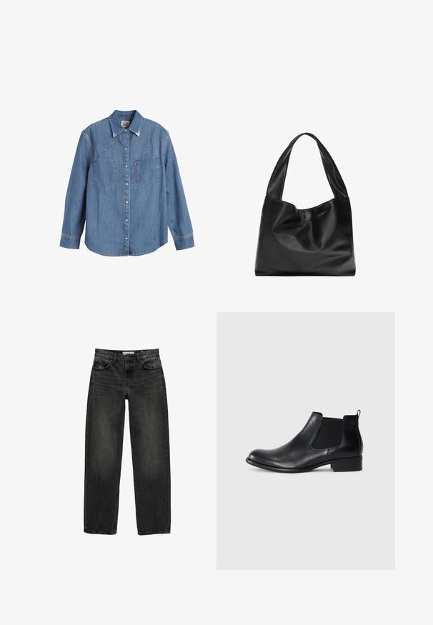 Világoskék farmering hosszú ujjal, hegyes gallérral, két mellzsebbel és kontrasztos varrással. Nyugati stílusú yoke mintázattal rendelkezik.; Fekete farmernadrág laza szabással, egyenes szárakkal, öt zsebes dizájnnal és enyhén elhalványult textúrával. Elöl gombos és cipzáras záródás.; Fekete bőr Chelsea bokacsizma, elasztikus oldalsó panelek, lekerekített orr, hátul található húzófül és alacsony blokk sarka. Simább textúrával.; Fekete bőrtáska puha, lazán lógó dizájnnal, széles fogantyúkkal és sima felülettel. Nincsenek látható fém alkatrészek vagy díszítések.