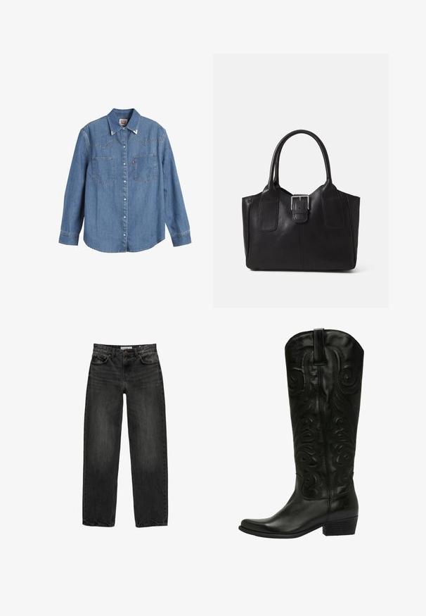 Jasnoniebieska koszula z denimu z długimi rękawami, spiczastym kołnierzykiem, dwiema kieszeniami na piersiach i kontrastowym przeszyciem. Ma wykończenie w stylu zachodnim na plecach.; Czarne dżinsy o luźnym kroju, prostych nogawkach, pięciu kieszeniach i lekko wypłowiałej strukturze. Zapięcie na guzik i suwak z przodu.; Czarne skórzane kowbojki z wytłaczanym wzorem w spirale, spiczastym noskiem i warstwowym obcasem. Posiadają pętelkę na górze dla łatwego zakładania.; Czarna skórzana torba tote o gładkiej fakturze, usztywnionym kształcie, dwóch uchwytach oraz wyraźnym srebrnym zapięciu na przodzie.