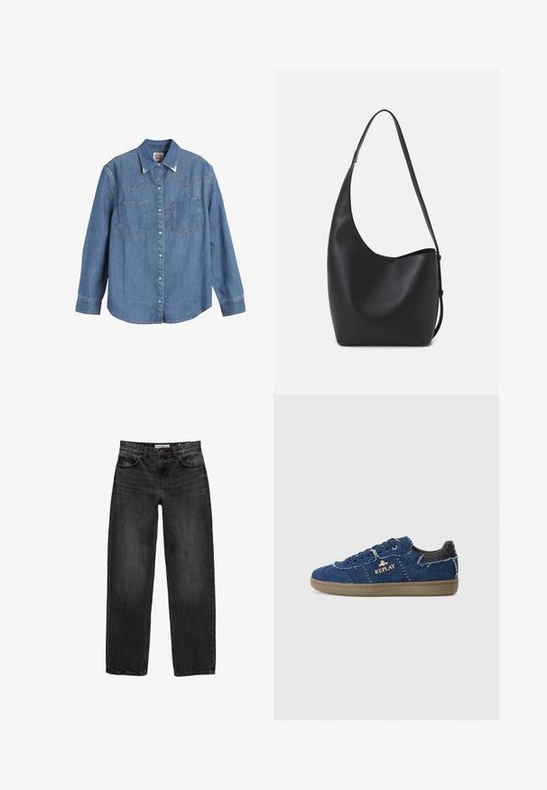 Hellblaues Denim-Hemd mit langen Ärmeln, spitzem Kragen, zwei Brusttaschen und kontrastierenden Nähten. Verfügt über ein Design mit Westernstil-Yoke.; Schwarze Jeans aus Denim mit lockerer Passform, geradem Bein, fünf Taschen-Design und einer leicht gewaschenen Textur. Knopf- und Reißverschluss vorne.; Replay PYPER - Sneaker low - blue; Schwarze Leder-Hobo-Tasche mit einer glatten Textur, geschwungener Form und einem einzelnen verstellbaren Tragegurt; verfügt über eine weite Öffnung am oberen Ende.