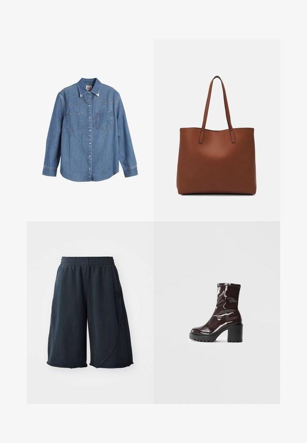 Világoskék farmering hosszú ujjal, hegyes gallérral, két mellzsebbel és kontrasztos varrással. Nyugati stílusú yoke mintázattal rendelkezik.; Fekete sportnadrág puha anyagból, rugalmas derékrésszel és oldalsó logóval. Sima tapintású, laza fit.; Fényes bordó bokacsizma vastag fekete sarokkal, sima felülettel és egyszerű dizájnnal. Nincsenek látható zárak vagy minták.; Barna bőr vászontáska sima textúrával, nyitott tetejű dizájnnal és két vállpánttal. Minimális varrással és látható hardver nélkül készült.