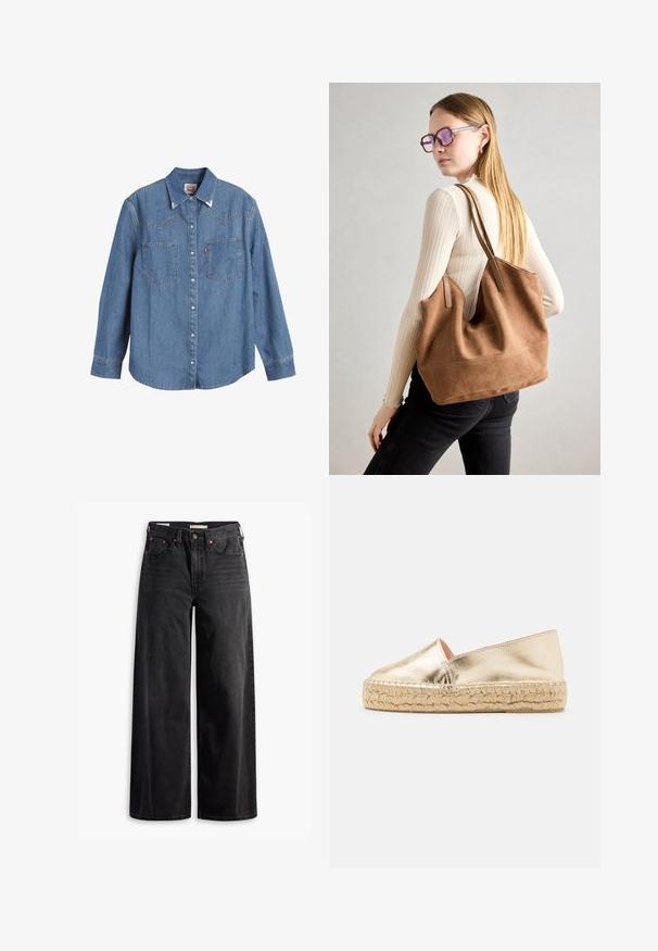 Camisa de mezclilla azul clara con mangas largas, cuello puntiagudo, dos bolsillos en el pecho y costuras en contraste. Presenta un diseño de canesú de estilo occidental.; Pantalones vaqueros anchos de color negro, confeccionados en denim, que presentan una cintura alta, cuatro bolsillos, remaches de cobre y costuras en contraste a lo largo de las costuras.; Espadrilles metálicas doradas con punta cerrada y suela de yute trenzado. Textura suave con un diseño simple y elegante. Detalles mínimos.; Bolso de tote de ante marrón con textura suave, gran abertura y asas largas. Presenta un diseño sencillo con costuras visibles y sin herrajes.