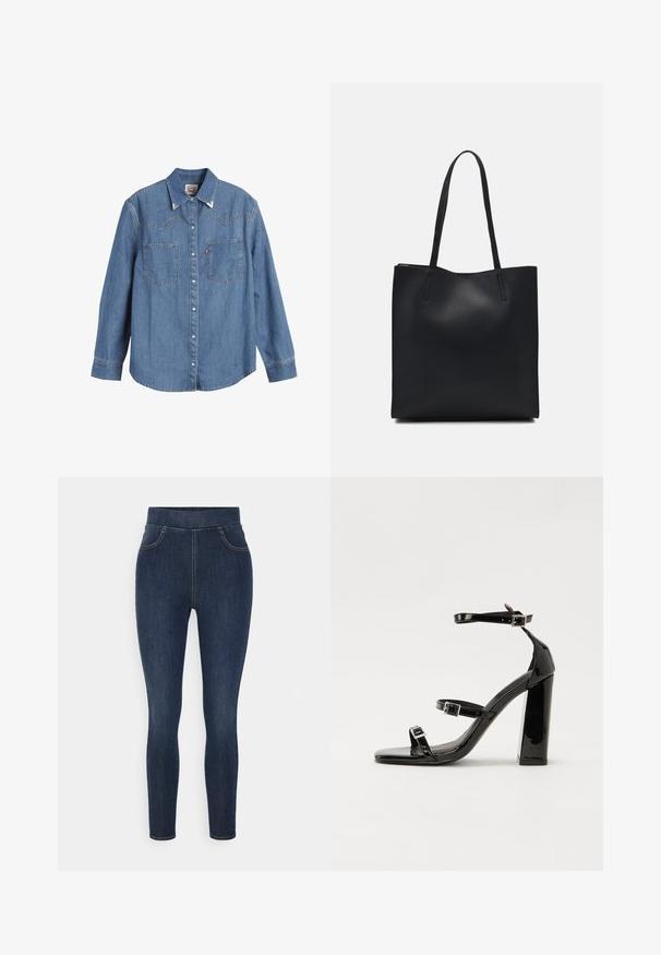 Jasnoniebieska koszula z denimu z długimi rękawami, spiczastym kołnierzykiem, dwiema kieszeniami na piersiach i kontrastowym przeszyciem. Ma wykończenie w stylu zachodnim na plecach.; Ciemnoniebieskie dżinsowe jeggingsy z wysokim stanem, wąskim krojem i subtelnym wyblaknięciem. Zawierają kieszenie z przodu oraz gładką, miękką teksturę.; Czarne lakierowane sandały na obcasie z kwadratowym noskiem, z paskami wokół kostki i srebrnymi klamrami. Posiadają masywny słupek dla stabilności.; Czarna skórzana torba tote o gładkiej fakturze, prostokątnym kształcie i dwóch długich uchwytach. Brak widocznych elementów metalowych i ozdób.