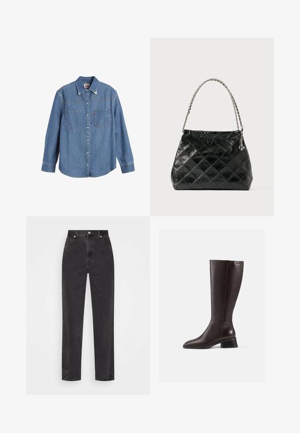 Cămașă din denim de culoare albastru deschis, cu mâneci lungi, guler ascuțit, două buzunare pe piept și cusături contrastante. Prezintă un design tip yoke în stil vest.; Jeans negri din denim, cu picioare drepte și talie înaltă, cu nasture și fermoar în față, și stil cu cinci buzunare, pe un fundal alb.; Botine din piele maro, până la genunchi, cu finisaj neted, vârf rotund și toc negru, stratificat. Design simplu, cu detalii hardware minime.; Geantă de mână din piele neagră matlasată, cu mâner din lănțișor argintiu, cu un design structurat și textură netedă.