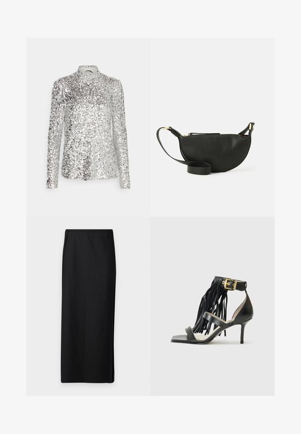 Hopeapintaiset paljetti pitkähihainen paita, jossa on kapea malli, korkea kaula-aukko ja teksturoitu kuvio. Paidassa on tasainen jakautuminen paljeteista kankaan päällä.; Bruuns Bazaar BILL MAIAN SKIRT - Kynähame - black; Mustat korkokengät sandaalit, joissa on franssit, nilkkaremmi kultaisilla yksityiskohdilla, litteä neliösuinen kärki ja kaksi ristiin menevää remmiä etuosassa.; Mustikkavärinen nahkainen crossbody-laukku, jossa on puolikuun muoto, teksturoitu pinta, kultainen vetoketju ja litteä olkahihna. Kompakti muotoilu, joka sopii välttämättömyyksille.
