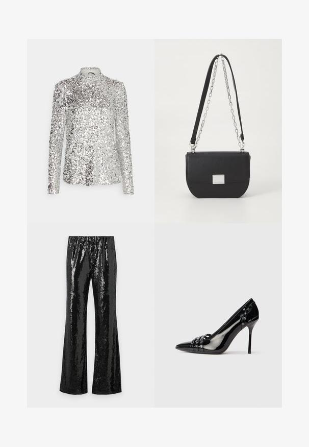 Silberner Pailletten-Longsleeve mit figurbetontem Design, hohem Kragen und strukturiertem Muster, das eine gleichmäßige Verteilung der Pailletten über den Stoff aufweist.; Schwarze Pailletten-Hose mit schickem Design, ausgestattet mit einem dehnbaren Taillenbund und einer glänzenden Textur, die das Licht reflektiert. Vertikale Paillettenmuster.; Schwarzer Lackleder-Pumps mit spitzem Zeh, drei dekorativen Riemen mit Nieten und "Karl Lagerfeld"-Markierung auf dem Absatz.; Schwarze Leder-Umhängetasche mit runder Form, silberner Kettenriemen und rechteckigem Hardware-Akzent auf der Vorderseite. Glatte Textur.