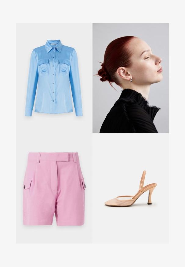 Cămașă butonată din satin de culoare albastru deschis, cu mâneci lungi, două buzunare frontale și guler ascuțit. Prezintă butoane perlă și o textură netedă.; Shorts roz deschis, cu un design ajustat, față plată, buzunare laterale cu închidere cu buton și o textură de țesătură netedă.; Sandal cu toc din plasă nud, cu vârf ascuțit, curea subțire pentru glezna și toc stiletto, având un accent negru la bază.; Cercei argintii, bluză texturată cu pliuri negre și guler înalt, și un coc strâns și neted de păr roșu. Profil lateral pe un fundal deschis.