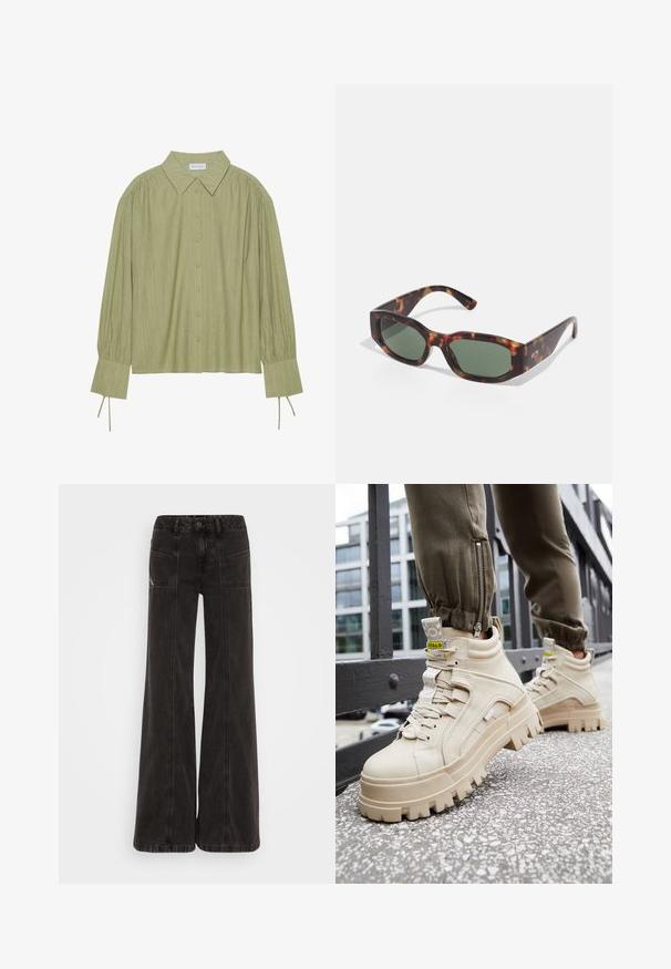 Svetle zelená košile s dlouhým rukávem, zapínáním na knoflíky, límečkem, texturovanou tkaninou a detailem kravaty na manžetách. Rovný lem.; Černé široké džínové kalhoty s vysokým pasem, předními kapsami a tonálními švy podél švů.; Béžové vysoké tenisky s robustní, texturovanou podrážkou, šněrovacím designem a žlutými akcentovými štítky. Texturovaný kožený svršek s kontrastním prošíváním.; Sluneční brýle ve stylu želvoviny s obdélníkovými zelenými skly, širokým rámem a silnými nohami. Disponují elegantním designem a hladkou plastovou texturou.; Černý batoh vyrobený z odolné tkaniny, s kulatým tvarem, přední zipovou kapsou a dvěma zipovými přihrádkami. Malá logo akcentace na přední straně.
