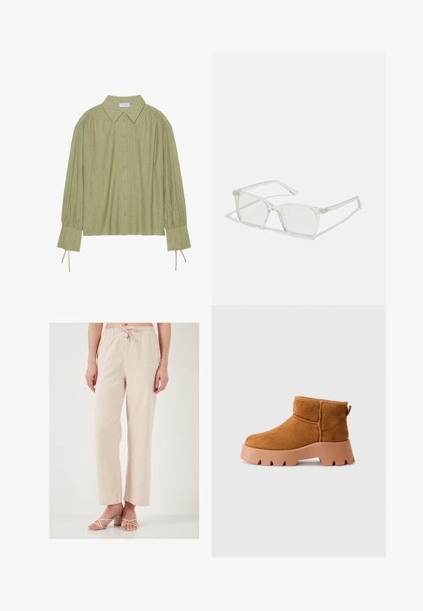 Gai zaļš garo piedurkņu krekls ar pogu aizdari priekšpusē, apkakli, teksturētu audumu un kakla detaļām pie aprocēm. Taisnas apakšmalas dizains.; Bežīgas, brīva piegriezuma bikses ar elkošo jostu un regulējamu auklu. Gluda tekstūra; platā kāju dizains. Apvienotas ar siksniņu vieglām sandales.; Kreklu zamšveida potītes ar noapaļotu degunu, tekstūrētu brūnu zoli un vilkšanas cilpu. Piedāvā šuvju šuvumu un pamatīgu platformas dizainu.; Caursplūstošas kvadrātveida brillēs ar caurspīdīgiem lēcām, ar zelta akcentiem uz tempļiem, lai pievienotu detaļas.