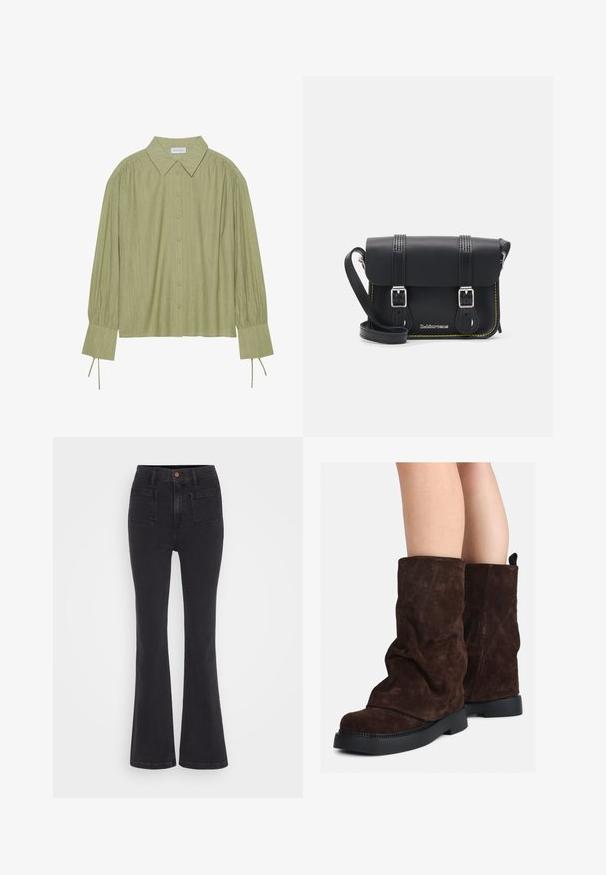 Lysegrønn langermet skjorte med knappelukking foran, krage, teksturert stoff og knytedetaljer ved mansjettene. Rett skjæring.; GAP 70S TAYLORSON - Flared jeans - basic black; Brune suedestøvler til midt på leggen med sorte gummisåler, båret på nakne legger, som viser lett rynking på støvelskaftene.; Svart skinncrossbody-veske med klaff, to sølvspenner, gult sting og justerbar stropp. Har en jevn tekstur og kompakt design.