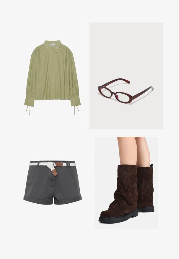 Light green long-sleeve shirt with a button-up front, collar, textured fabric, and tie details at the cuffs. Straight hem design.; Gray cotton shorts with rolled hems, featuring a white braided belt and brown leather accents. Stitching detail visible on the fabric.; Brown suede mid-calf boots with black rubber soles worn on bare legs, showing slight wrinkling on the boot shafts.; Oval-shaped red sunglasses with clear lenses and sleek brown frames. The design features subtle curves and minimal hardware.