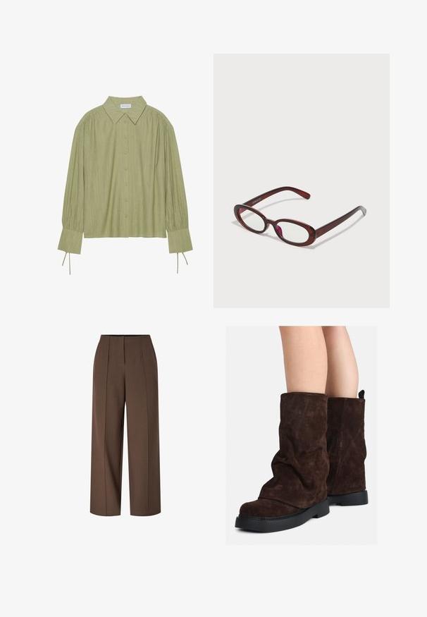 Kerge roheline pika varrukaga särk, millel on nööpidega eesolev sulgemine, krae, tekstureeritud kangas ja lipsu detailid mansettides. Sirge alläär.; Pruun kõrge vöökohaga laiade sääridega püksid, millel on ees voldirea jooned ja peidetud esine tõmblukk.; Pruunid sametist keskmise pikkusega saapad mustade kummist talladega, kantud paljaste jalgadega, saapaste varsi peal on nähtavad kerged kortsud.; Ovaalsed punased prillid, millel on selged läätsed ja sujuvad pruunid kered. Disainis on peened kõverad ja minimaalne riistvara.