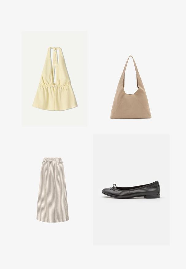 Żółty top na ramiączkach z elastycznym pasem, z głębokim dekoltem w kształcie V i wiązaniami na szyi. Gładka bawełniana tekstura.; Lekka, midi spódnica w kształcie litery A w kolorze kremowym z cienkimi brązowymi pionowymi paskami. Posiada elastyczny pas i gładki, zwiewny materiał.; Czarne skórzane baleriny z zaokrąglonym noskiem, małą kokardką z przodu i niskim prostokątnym obcasem. Gładka faktura.; Beżowa torba na ramię z unikalnym trójkątnym kształtem, szerokimi ramiączkami oraz widocznymi detalami szwów, które dodają struktury.