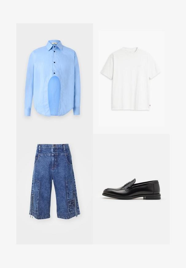 Light blue long-sleeve shirt with a pointed collar, black buttons, and a unique cutout in the front for distinctive design.; White cotton t-shirt with short sleeves, crew neck, and subtle Levi's logo printed in the center. Soft texture and standard fit.; Denim cargo shorts in medium blue with front pockets, side cargo pockets, and zipper details. Features a straight cut and textured fabric.; Black leather loafers with a smooth texture, rounded toe, and a decorative strap across the vamp. Low stacked heel, minimalist design.