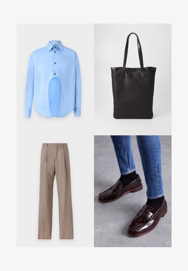 Jasnoniebieska koszula z długim rękawem, z wyostrzonym kołnierzykiem, czarnymi guzikami i unikalnym wycięciem z przodu dla wyróżniającego się designu.; Brązowe, wysokiej talii spodnie wykonane z teksturowanej tkaniny. Posiadają szerokie nogawki i dwa przednie zakładki dla lepszej struktury. Starannie wykończone, bez widocznych elementów metalowych.; Paul Smith LIDO czerwony; Czarna torba na ramię z czarnymi skórzanymi uchwytami. Prosty design, pojemne wnętrze i gładka faktura. Bez widocznych logo ani wzorów.