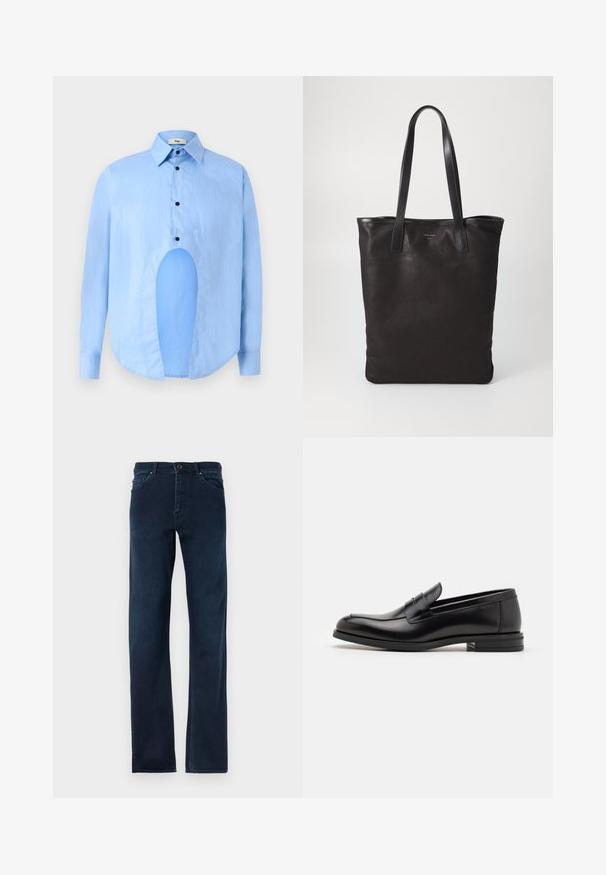 Világoskék, hosszú ujjú ing, hegyes gallérral, fekete gombokkal, és egyedi kivágással elöl, amely különleges dizájnt kölcsönöz.; Sötétkék farmernadrág, egyenes lábakkal, öt zsebből álló kialakítással, gombos záródással és kontrasztos varrással az oldalak mentén.; Fekete bőr loaferek sima textúrával, kerek orral és dekoratív pánttal a vampnál. Alacsony, rétegelt sarkú, minimalista dizájn.; Fekete vászontáska fekete bőr füllel. Egyszerű dizájn, tágas test és sima textúra. Nincsenek látható logók vagy minták.