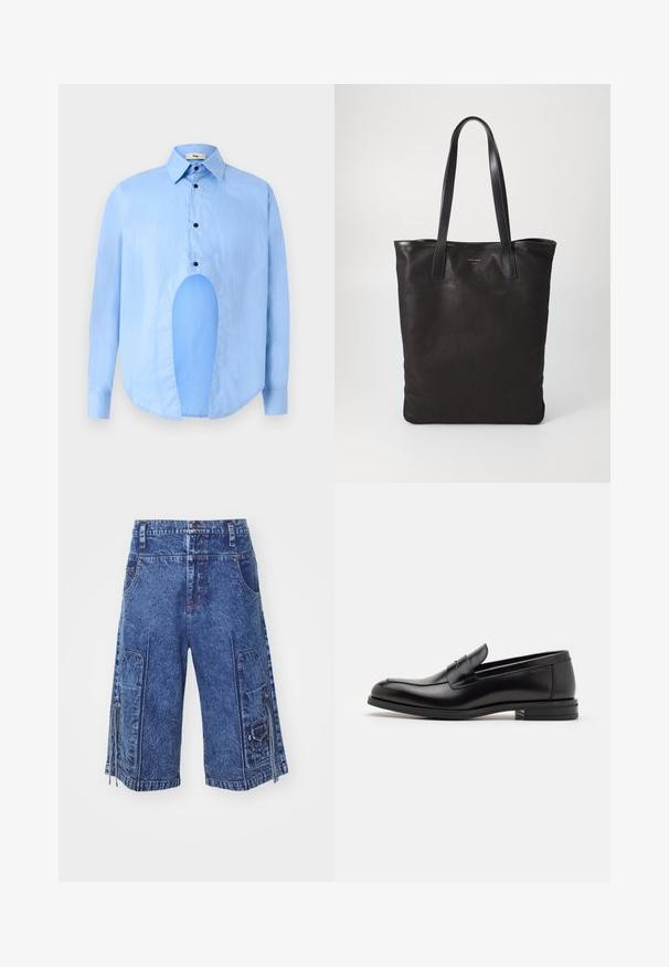 Light blue long-sleeve shirt with a pointed collar, black buttons, and a unique cutout in the front for distinctive design.; Denim cargo shorts in medium blue with front pockets, side cargo pockets, and zipper details. Features a straight cut and textured fabric.; Black leather loafers with a smooth texture, rounded toe, and a decorative strap across the vamp. Low stacked heel, minimalist design.; Black canvas tote bag with black leather handles. Simple design, spacious body, and a smooth texture. No visible logos or patterns.