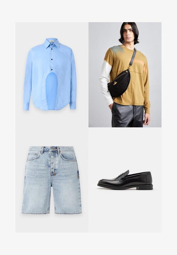 Vaaleansininen pitkähiha shirtti, jossa on terävä kaulus, mustat napit ja ainutlaatuinen aukko edessä erottuvan muotoilun vuoksi.; Vaaleansiniset farkkushortsit suoraan leikkauksella, viidellä taskulla ja kontrastipistoilla. Karkea helma alaosassa. Ennenpesun jälkeinen texture.; Mustat nahkakengät, joissa on sileä pinta, pyöreä kärki ja koristeellinen nauha jalkapöydän yli. Matala pinoitu koroke, minimalistinen muotoilu.; Vivienne Westwood CITY BUMBAG UNISEX - Vyölaukku - black