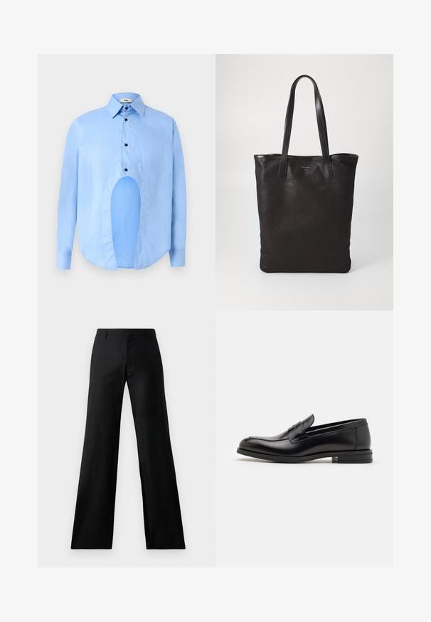 Világoskék, hosszú ujjú ing, hegyes gallérral, fekete gombokkal, és egyedi kivágással elöl, amely különleges dizájnt kölcsönöz.; Fekete, bő szabású nadrág sima anyagból. Közepes magasságú derékrésszel és elülső redőkkel rendelkezik, amely testre szabott sziluettet biztosít.; Fekete bőr loaferek sima textúrával, kerek orral és dekoratív pánttal a vampnál. Alacsony, rétegelt sarkú, minimalista dizájn.; Fekete vászontáska fekete bőr füllel. Egyszerű dizájn, tágas test és sima textúra. Nincsenek látható logók vagy minták.