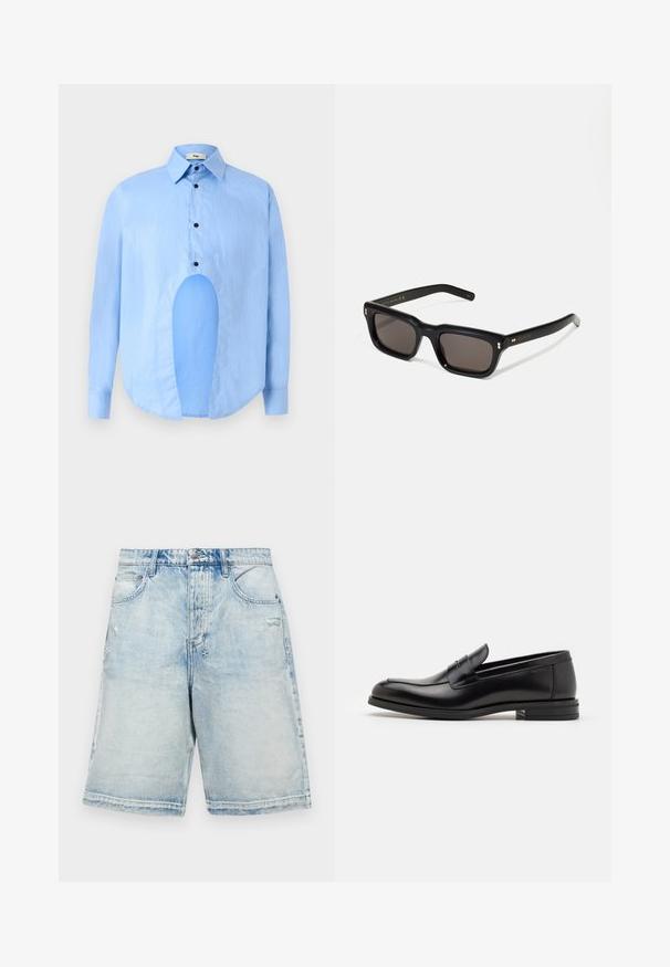 Heledsinine pikkade varrukatega särk, millel on terav krae, mustad nupud ja ainulaadne lõige ees eristuva disaini jaoks.; Heledad sinine teksashorts, millel on mugav lõige, viis taskut, kulunud disain ja õmmeldud aktsendid.; Mustad mustad nahast loafers sileda tekstuuriga, ümarat ninaosa ja dekoratiivne riba vampi üle. Madal kihiline konts, minimalistlik disain.; Mustad mustakorruselised prillid tumedate läätsedega, paks plastikraam, kuldsed aksendid templites ning kaubamärgi logo graveeritud käe lilla.