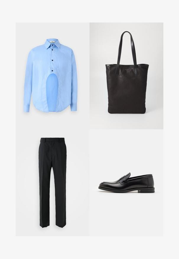 Vaaleansininen pitkähiha shirtti, jossa on terävä kaulus, mustat napit ja ainutlaatuinen aukko edessä erottuvan muotoilun vuoksi.; Mustat housut suoranlahkeisella muotoilulla, valmistettu sileästä kankaasta. Ominaisuuksina litteä vyötärö ja ei näkyviä kuvioita tai koristeluja.; Mustat nahkakengät, joissa on sileä pinta, pyöreä kärki ja koristeellinen nauha jalkapöydän yli. Matala pinoitu koroke, minimalistinen muotoilu.; Mustat kangaskassit mustilla nahkahandleilla. Yksinkertainen muotoilu, tilava runko ja sileä pinta. Ei näkyviä logoja tai kuvioita.