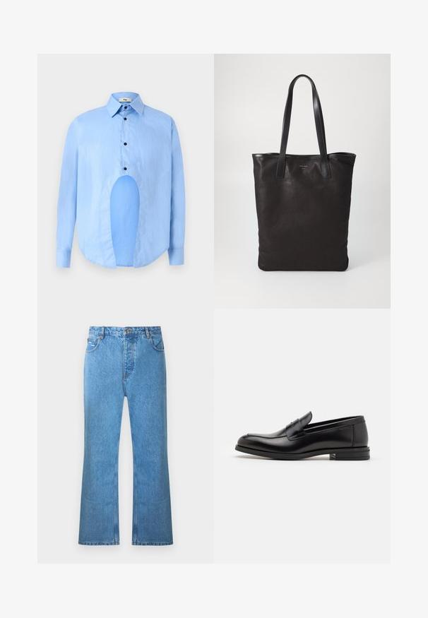 Light blue long-sleeve shirt with a pointed collar, black buttons, and a unique cutout in the front for distinctive design.; Light blue denim flared jeans with a high waist, five pockets, and subtle fading. Features stitching accents and a button closure.; Black leather loafers with a smooth texture, rounded toe, and a decorative strap across the vamp. Low stacked heel, minimalist design.; Black canvas tote bag with black leather handles. Simple design, spacious body, and a smooth texture. No visible logos or patterns.