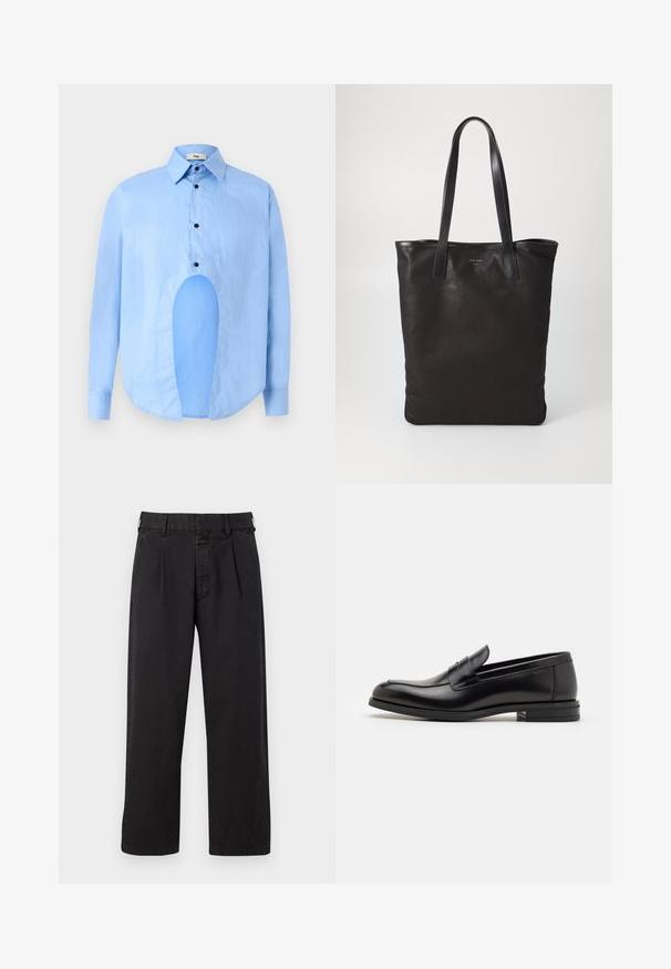 Gaiši zils garām piedurknēm krekls ar punktētu apkakli, melniem pogām un unikālu izgriezumu priekšpusē, lai izceltu dizainu.; Melnas kokvilnas bikses ar taisnu griezumu, ar piegrieztiem pleciem, jostu cilpiņām un pogu aizdari. Gluda struktūra bez rakstiem.; Melnas ādas kurpes ar gludu tekstūru, noapaļu purngalu un dekoratīvu siksniņu pāri priekšpusei. Zems sakrauts papēdis, minimālisma dizains.; Melnas auduma iepirkumu soma ar melnām ādas rokturiem. Vienkāršs dizains, plaša forma un gluda tekstūra. Nav redzamu logo vai rakstu.