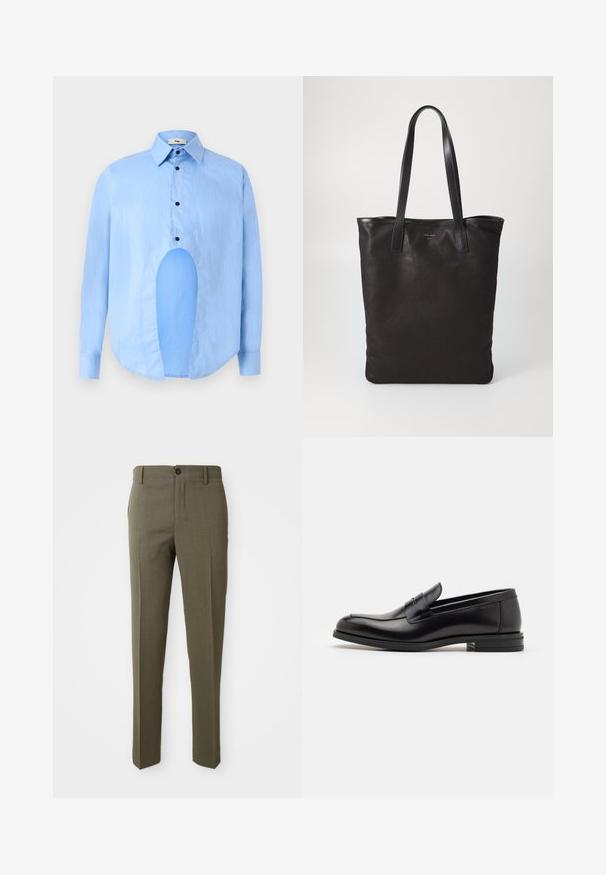 Light blue long-sleeve shirt with a pointed collar, black buttons, and a unique cutout in the front for distinctive design.; Olive green tailored trousers with a smooth texture, straight leg design, single front button, and side pockets for functionality.; Black leather loafers with a smooth texture, rounded toe, and a decorative strap across the vamp. Low stacked heel, minimalist design.; Black canvas tote bag with black leather handles. Simple design, spacious body, and a smooth texture. No visible logos or patterns.