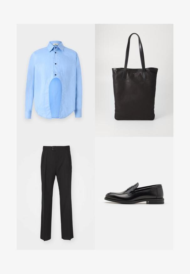 Light blue long-sleeve shirt with a pointed collar, black buttons, and a unique cutout in the front for distinctive design.; Black tailored trousers featuring a straight leg design, two front pockets, and a double-button closure at the waistband. Smooth fabric texture.; Black leather loafers with a smooth texture, rounded toe, and a decorative strap across the vamp. Low stacked heel, minimalist design.; Black canvas tote bag with black leather handles. Simple design, spacious body, and a smooth texture. No visible logos or patterns.