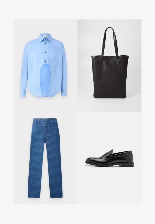 Heledsinine pikkade varrukatega särk, millel on terav krae, mustad nupud ja ainulaadne lõige ees eristuva disaini jaoks.; Sinine denimpüksid, millel on korduv tekstuuriline muster, viie tasku disain ja nööp sulgemine vööl. Üksikliini lõige.; Mustad mustad nahast loafers sileda tekstuuriga, ümarat ninaosa ja dekoratiivne riba vampi üle. Madal kihiline konts, minimalistlik disain.; Mustmust kott mustade nahkade käepidemetega. Lihtne disain, avar keha ja sile tekstuur. Pole nähtavaid logosid ega mustreid.