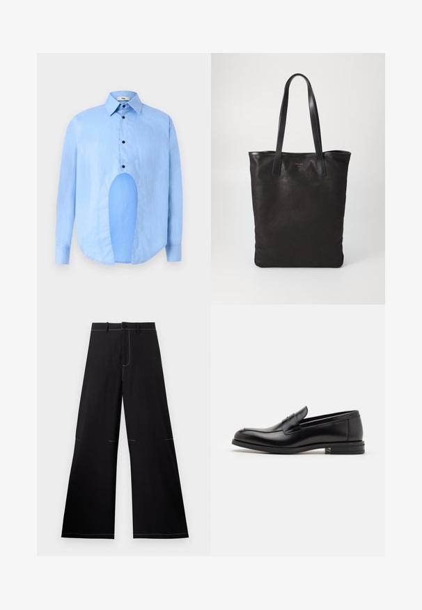 Himmelblaues Langarmhemd mit spitzem Kragen, schwarzen Knöpfen und einem einzigartigen Ausschnitt vorne für ein markantes Design.; Schwarze weit geschnittene Hosen mit weißen Steppnähten, ausgestattet mit einem Knopfverschluss und einem Gürtelschlaufenbund. Hergestellt aus leichtem Material.; Schwarze Lederloafers mit glatter Textur, rundem Zehenbereich und einem dekorativen Riemen über dem Vorderfuß. Niedriger, gestapelter Absatz, minimalistisches Design.; Schwarze Stofftote mit schwarzen Ledergriffen. Einfaches Design, geräumiger Körper und glatte Textur. Keine sichtbaren Logos oder Muster.