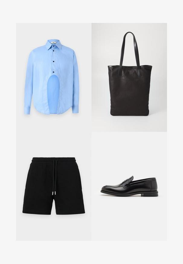 Light blue long-sleeve shirt with a pointed collar, black buttons, and a unique cutout in the front for distinctive design.; Black cotton shorts featuring an elastic waistband with drawstring, side pockets, and a classic, relaxed fit. Smooth texture with no patterns.; Black leather loafers with a smooth texture, rounded toe, and a decorative strap across the vamp. Low stacked heel, minimalist design.; Black canvas tote bag with black leather handles. Simple design, spacious body, and a smooth texture. No visible logos or patterns.