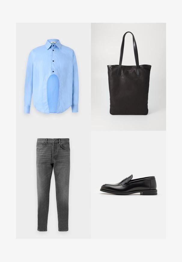 Light blue long-sleeve shirt with a pointed collar, black buttons, and a unique cutout in the front for distinctive design.; Gray denim jeans with a straight-leg cut, featuring a classic five-pocket design and subtle fading. Button and zipper closure at waistband.; Black leather loafers with a smooth texture, rounded toe, and a decorative strap across the vamp. Low stacked heel, minimalist design.; Black canvas tote bag with black leather handles. Simple design, spacious body, and a smooth texture. No visible logos or patterns.