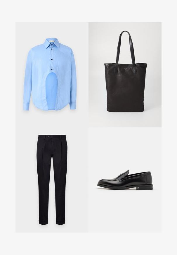 Šviesiai mėlyna ilgarankovė marškiniai su smailiu apykakle, juodais mygtukais ir unikaliu išpjovimu priekyje, kuri suteikia išskirtinį dizainą.; Dailiai pasiūtos juodos kelnės, pagamintos iš lygaus audinio, su lygia priekiu, dviem priekiniais raukiniais ir apvadu apačioje, suteikiančiu tvarkingą ir struktūruotą išvaizdą.; Juodos odinės loafers, turinčios lygų paviršių, apvalią noselę ir dekoratyvinę juostą per priekinę dalį. Žemas krentantis kulnas, minimalistinis dizainas.; Juodas drobės pirkinių maišelis su juodais odiniais rankenomis. Paprastas dizainas, erdvus kūnas ir lygus paviršius. Nėra matomų logotipų ar raštų.