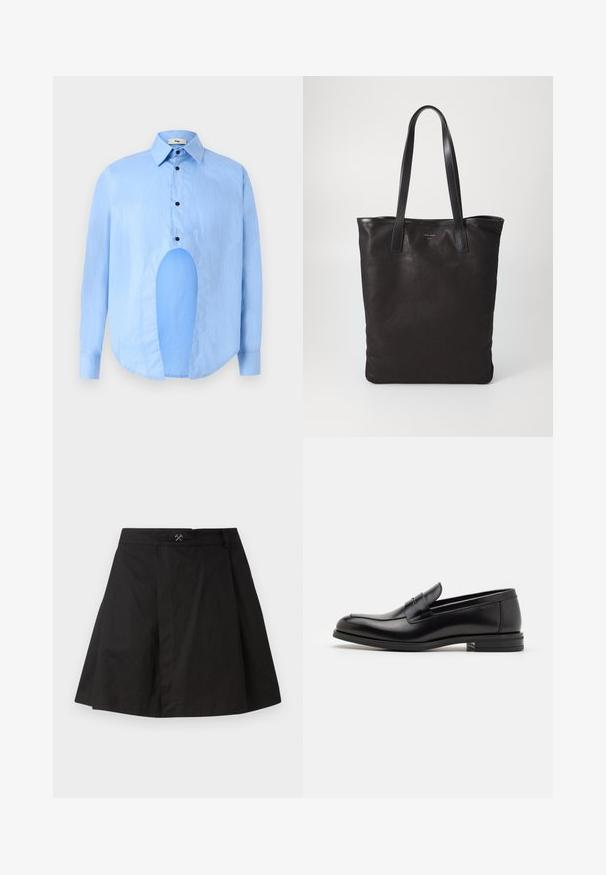 Lichtblauw langarmshirt met een puntkraag, zwarte knopen en een unieke uitsparing aan de voorkant voor een opvallend ontwerp.; Zwarte A-lijn rok van katoen, met een tailleband met een kleine metalen accenten, plooidetails en een schone zoom.; Zwarte leren instappers met een gladde textuur, ronde neus en een decoratieve band over de wreef. Lage, gestapelde hak en minimalistisch ontwerp.; Zwarte canvas schoudertas met zwarte leren handvaten. Eenvoudig ontwerp, ruime body en een gladde textuur. Geen zichtbare logo's of patronen.