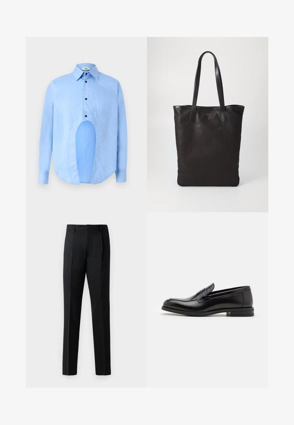 Light blue long-sleeve shirt with a pointed collar, black buttons, and a unique cutout in the front for distinctive design.; Black formal trousers made of a smooth fabric, featuring a straight leg design, front pleats, and standard waistband without embellishments.; Black leather loafers with a smooth texture, rounded toe, and a decorative strap across the vamp. Low stacked heel, minimalist design.; Black canvas tote bag with black leather handles. Simple design, spacious body, and a smooth texture. No visible logos or patterns.