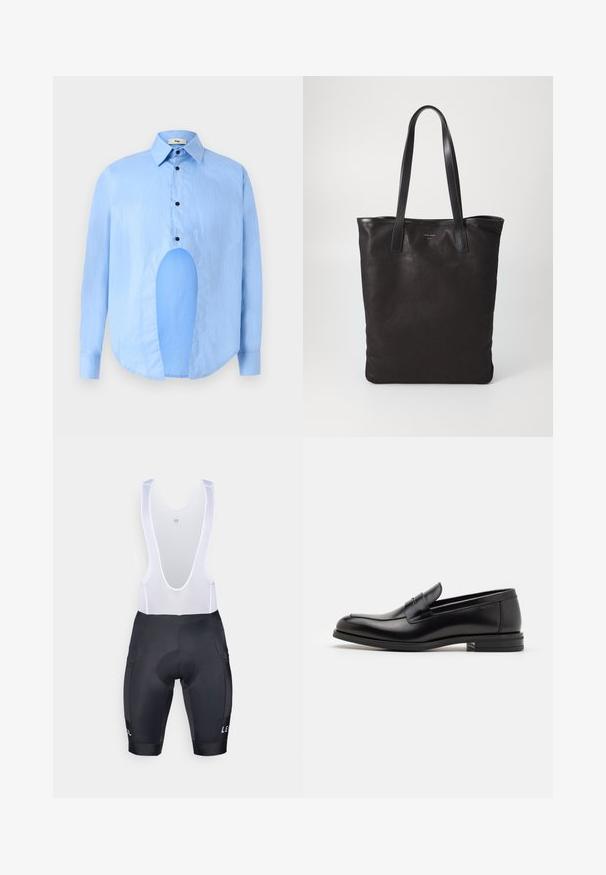 Svetlo modrá košeľa s dlhým rukávom a špicatým golierom, čiernymi gombíkmi a jedinečným výrezom vpredu pre osobitý dizajn.; Čierne cyklistické nohavice s podšívkou a bielymi sieťovinovými popruhmi, s logom. Hladký povrch, priliehajúci strih a dve bočné vrecká.; Čierne kožené mokasíny s hladkou textúrou, zaoblenou špičkou a dekoračným pásikom cez priehlavok. Nízky vrstvený opätok, minimalistický dizajn.; Čierna plátená taška s čiernymi koženými ušami. Jednoduchý dizajn, priestranné telo a hladká textúra. Žiadne viditeľné logo ani vzory.