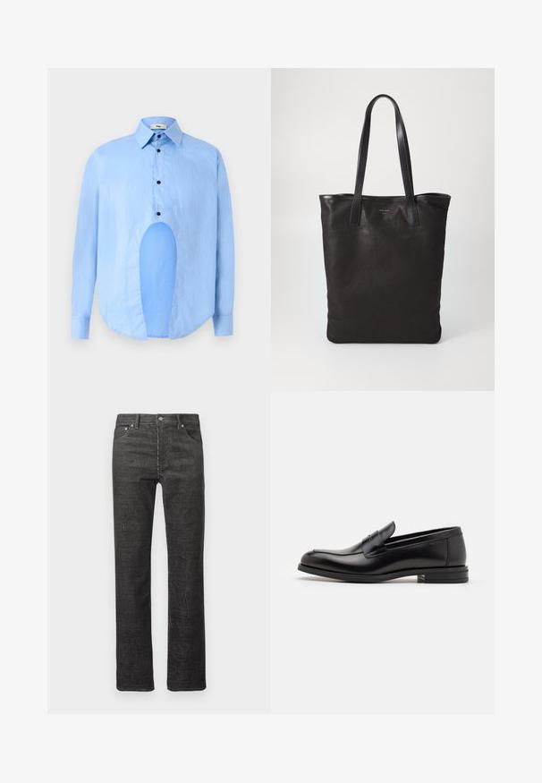 Himmelblaues Langarmhemd mit spitzem Kragen, schwarzen Knöpfen und einem einzigartigen Ausschnitt vorne für ein markantes Design.; Schwarze Cordstoff-Jeans im Straight-Leg-Schnitt mit Front- und Gesäßtaschen, Gürtelschlaufen und Knopfverschluss auf weißem Hintergrund.; Schwarze Lederloafers mit glatter Textur, rundem Zehenbereich und einem dekorativen Riemen über dem Vorderfuß. Niedriger, gestapelter Absatz, minimalistisches Design.; Schwarze Stofftote mit schwarzen Ledergriffen. Einfaches Design, geräumiger Körper und glatte Textur. Keine sichtbaren Logos oder Muster.