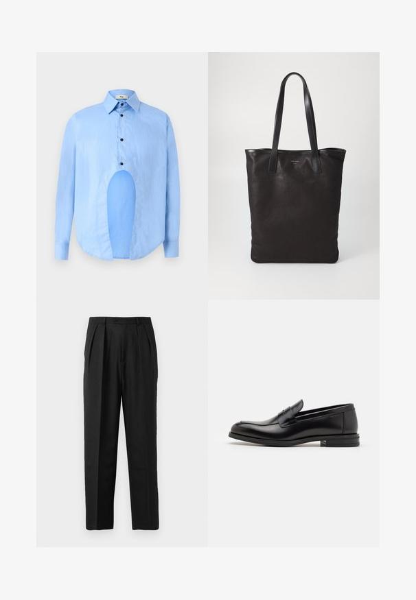 Light blue long-sleeve shirt with a pointed collar, black buttons, and a unique cutout in the front for distinctive design.; Black pleated trousers with a tailored design, crafted from smooth fabric, featuring a button closure and straight-leg cut.; Black leather loafers with a smooth texture, rounded toe, and a decorative strap across the vamp. Low stacked heel, minimalist design.; Black canvas tote bag with black leather handles. Simple design, spacious body, and a smooth texture. No visible logos or patterns.