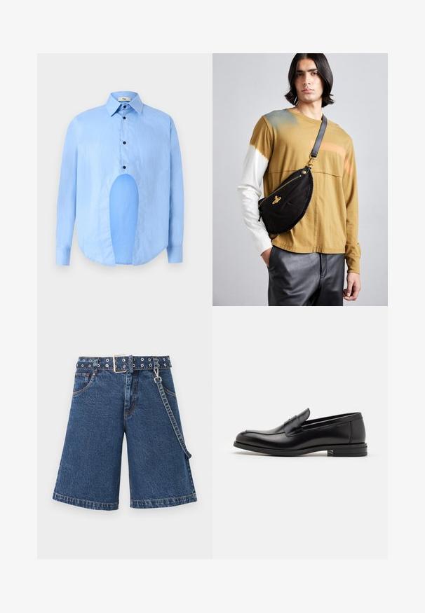 Světle modrá košile s dlouhými rukávy, špičatým límcem, černými knoflíky a unikátním výřezem vpředu pro výjimečný design.; Džínové šortky v tmavě modré barvě, širokého střihu s opaskem, který má kovové očko, doplněné kontrastním prošíváním a postranním řetízkem.; Černé kožené polobotky s hladkou texturou, zaoblenou špičkou a zdobným páskem přes nárt. Nízký stohovaný podpatek, minimalistický design.; Vivienne Westwood CITY BUMBAG UNISEX - Ledvinka - black