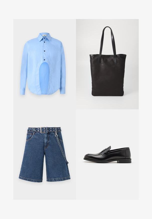 Vaaleansininen pitkähiha shirtti, jossa on terävä kaulus, mustat napit ja ainutlaatuinen aukko edessä erottuvan muotoilun vuoksi.; Farkkushortsit tummansinisinä, leveäleikattu malli, jossa on vyölenkki metallisine rei'illä, viimeistelty kontrastivärillä ommellulla sauman kanssa ja sivuketjulla.; Mustat nahkakengät, joissa on sileä pinta, pyöreä kärki ja koristeellinen nauha jalkapöydän yli. Matala pinoitu koroke, minimalistinen muotoilu.; Mustat kangaskassit mustilla nahkahandleilla. Yksinkertainen muotoilu, tilava runko ja sileä pinta. Ei näkyviä logoja tai kuvioita.