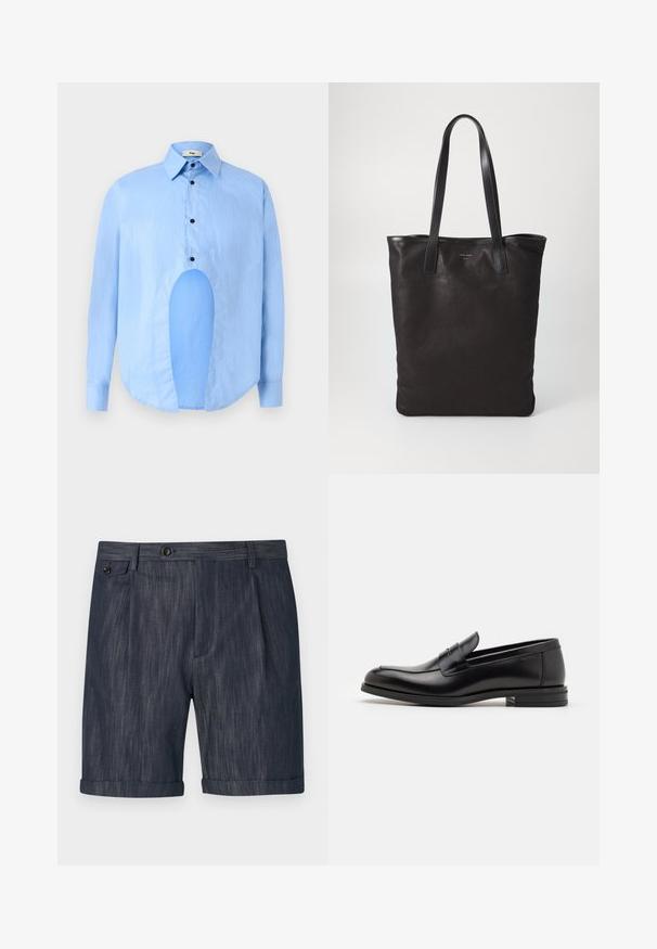 Světle modrá košile s dlouhými rukávy, špičatým límcem, černými knoflíky a unikátním výřezem vpředu pro výjimečný design.; Tmavě modré šortky vyrobené z texturované tkaniny, s ohnutým lemem, předními záhyby a jedním knoflíkem na zapínání v pase.; Černé kožené polobotky s hladkou texturou, zaoblenou špičkou a zdobným páskem přes nárt. Nízký stohovaný podpatek, minimalistický design.; Černá plátěná taška s černými koženými uchy. Jednoduchý design, prostorné tělo a hladký povrch. Žádné viditelné loga ani vzory.